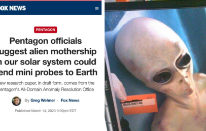 A news article from Fox News discusses Pentagon officials suggesting that an alien mothership could send mini probes to Earth. The article is accompanied by an image of a model depicting an alien.