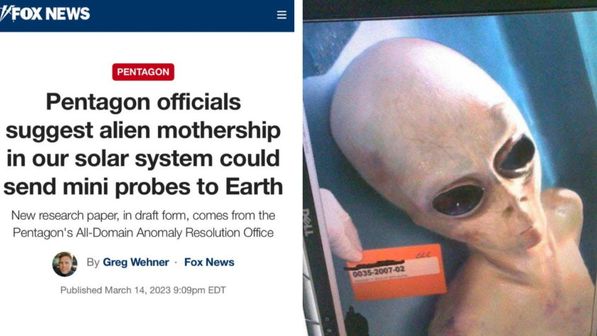 A news article from Fox News discusses Pentagon officials suggesting that an alien mothership could send mini probes to Earth. The article is accompanied by an image of a model depicting an alien.