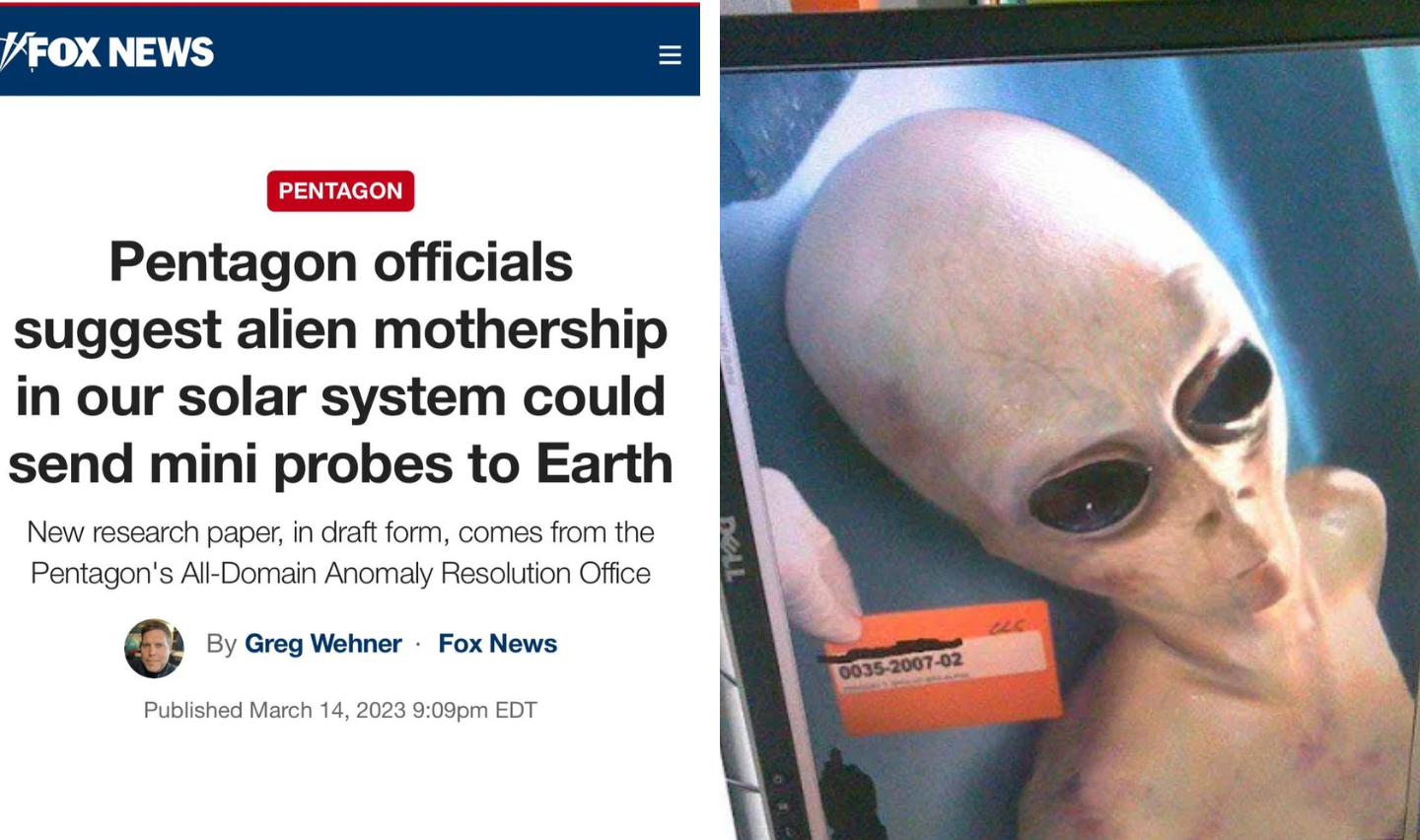 A news article from Fox News discusses Pentagon officials suggesting that an alien mothership could send mini probes to Earth. The article is accompanied by an image of a model depicting an alien.