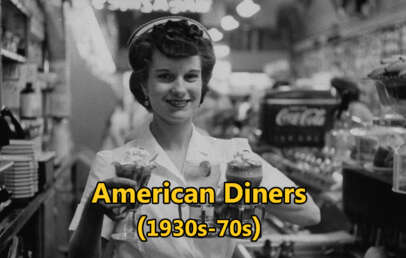 A black-and-white photo of a smiling waitress in a classic diner, holding milkshakes topped with whipped cream. Neon signs and vintage Coca-Cola machine visible in the background. Text overlay: "American Diners (1930s-70s)".