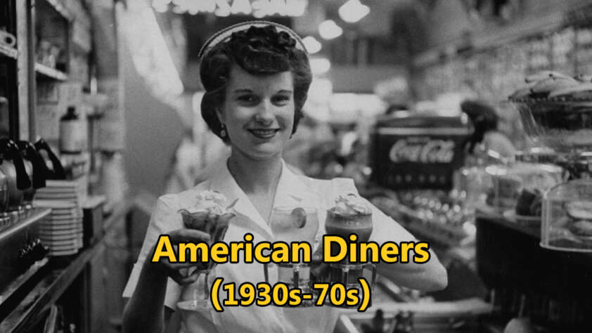 A black-and-white photo of a smiling waitress in a classic diner, holding milkshakes topped with whipped cream. Neon signs and vintage Coca-Cola machine visible in the background. Text overlay: "American Diners (1930s-70s)".