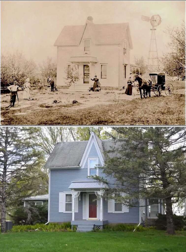 Split-image: Top shows an old sepia photo of people outside a farmhouse with a windmill and horse carriage. Bottom shows the same farmhouse in modern day, painted blue, with lush trees and a green lawn.