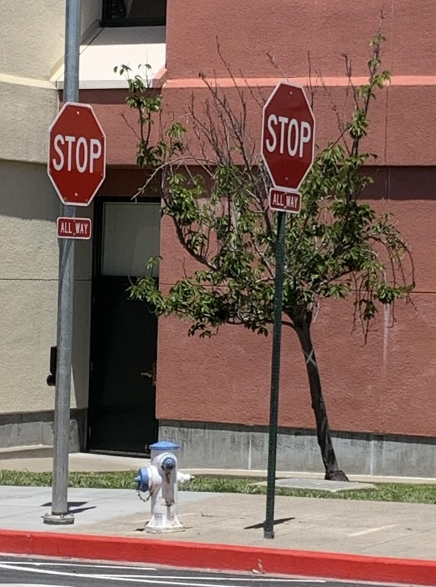 Two stop signs on a street corner with a beige and red building in the background. A leafless tree stands nearby, and a fire hydrant is situated at the edge of the sidewalk.