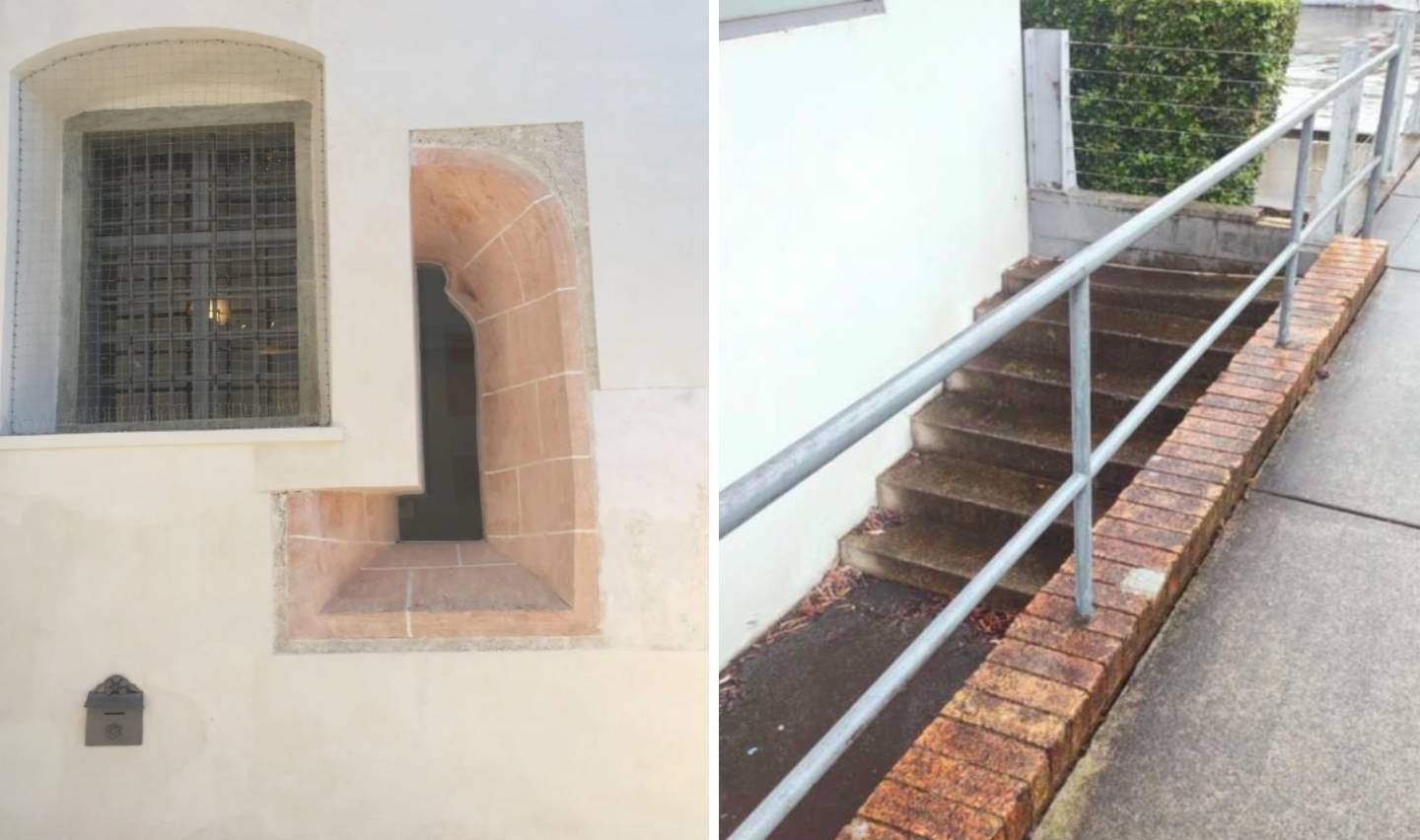 The image is divided into two sections. The left shows a barred window set in a white wall with a small opening. The right section shows stairs partially blocked by a brick wall, with a handrail on the opposite side.