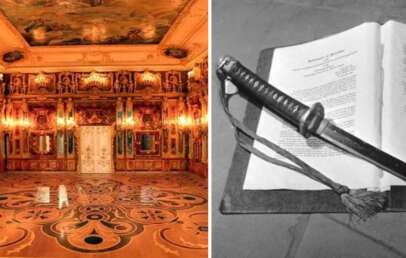 Left: An ornately decorated room with intricate designs on the walls and ceiling, featuring a large patterned floor. Right: A black and white photo of an open book with a decorative dagger placed on top.