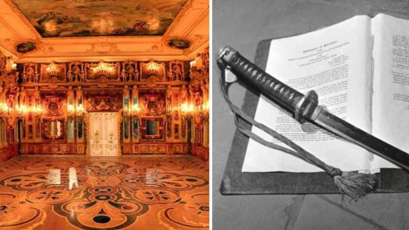 Left: An ornately decorated room with intricate designs on the walls and ceiling, featuring a large patterned floor. Right: A black and white photo of an open book with a decorative dagger placed on top.