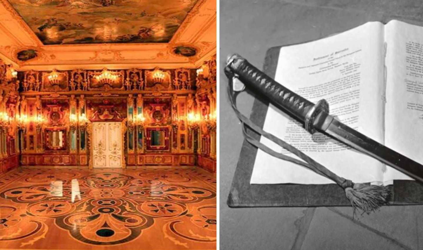 Left: An ornately decorated room with intricate designs on the walls and ceiling, featuring a large patterned floor. Right: A black and white photo of an open book with a decorative dagger placed on top.