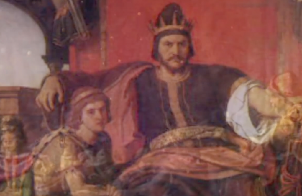 A historical painting of a bearded royal figure wearing a crown and robe, sitting with a serious expression. A young attendant kneels beside him. The background is rich in color, with shades of red and ornate detailing.