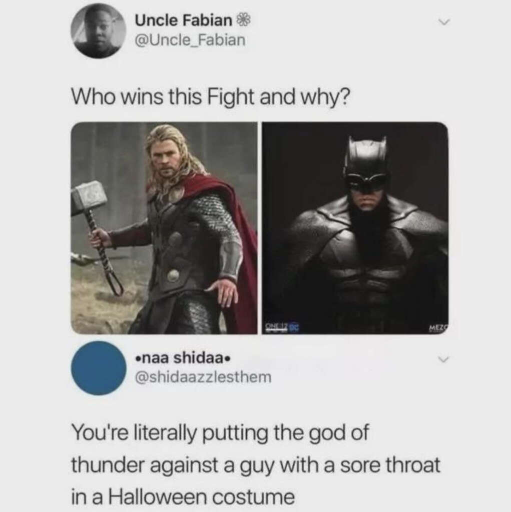 A tweet features two photos and a comment: On the left, a person in Nordic warrior attire with a hammer. On the right, a person in a black armored suit. Below, a comment humorously compares the two, favoring the warrior.