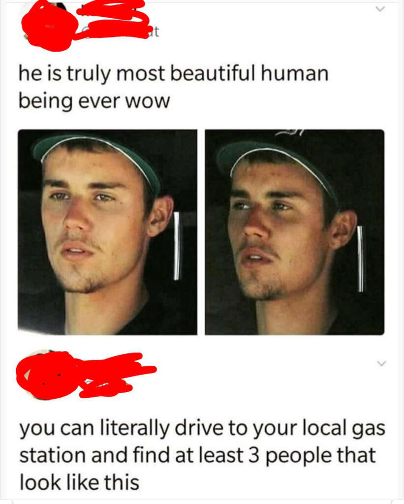 Split image of a man wearing a cap, showing two similar expressions. A caption compliments his appearance but suggests similar-looking people can be found at a local gas station.