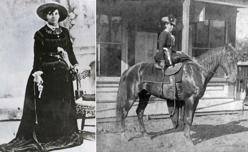 Left: A woman in a long, dark dress and wide-brimmed hat holds a revolver while standing next to a chair. Right: A woman wearing a similar outfit sits astride a horse in front of a wooden building. Both images are in black and white.