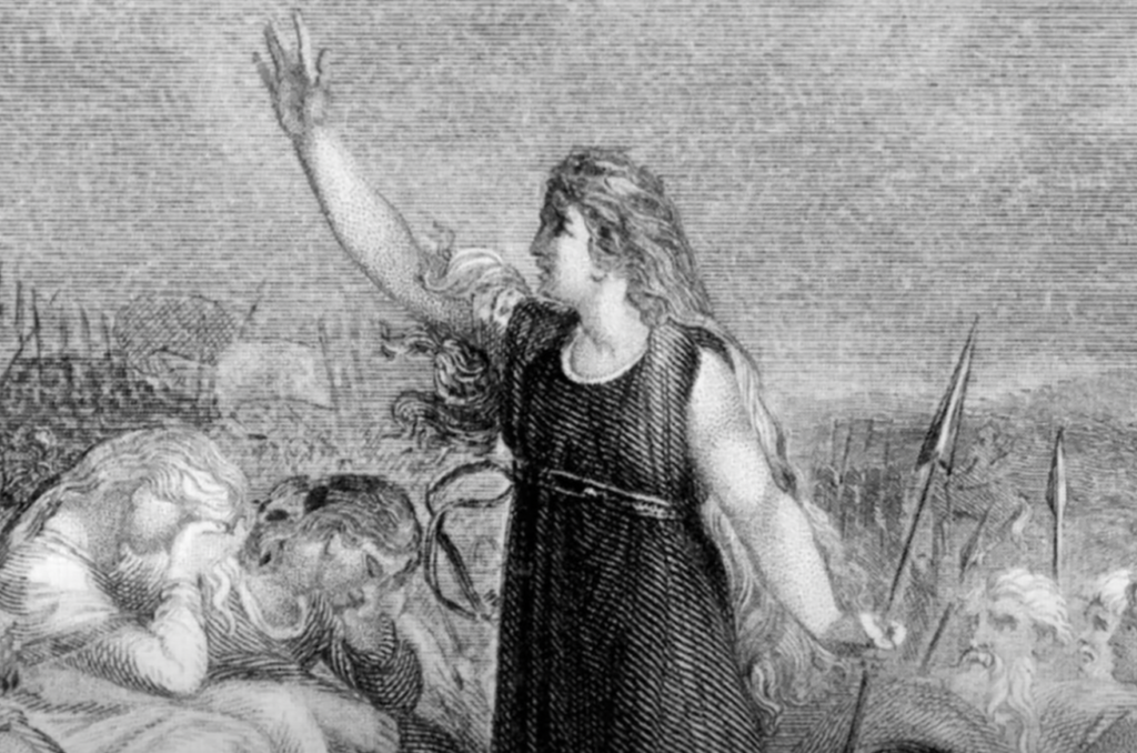 A historical illustration depicting a woman in a long dress with her arm raised, leading or addressing a group. The scene is tense, with people gathered around, some appearing distressed. The background shows a cloudy sky and hints of battle activity.