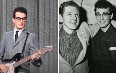 Left image: A man in a suit and glasses plays an electric guitar against a patterned curtain background. Right image: A black and white photo of two men in suits, smiling and with their arms around each other, in a casual setting.