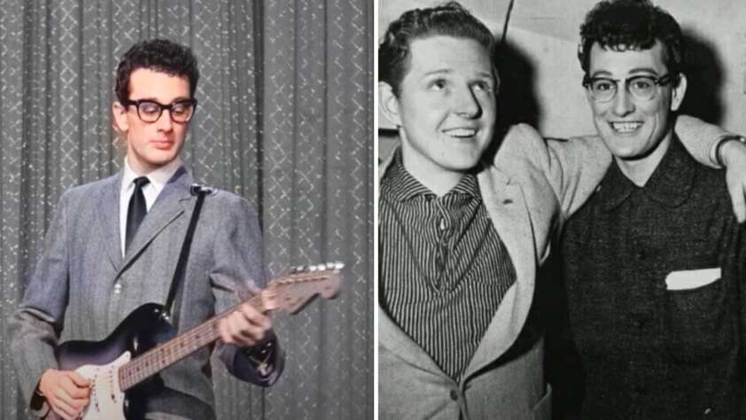 Left image: A man in a suit and glasses plays an electric guitar against a patterned curtain background. Right image: A black and white photo of two men in suits, smiling and with their arms around each other, in a casual setting.