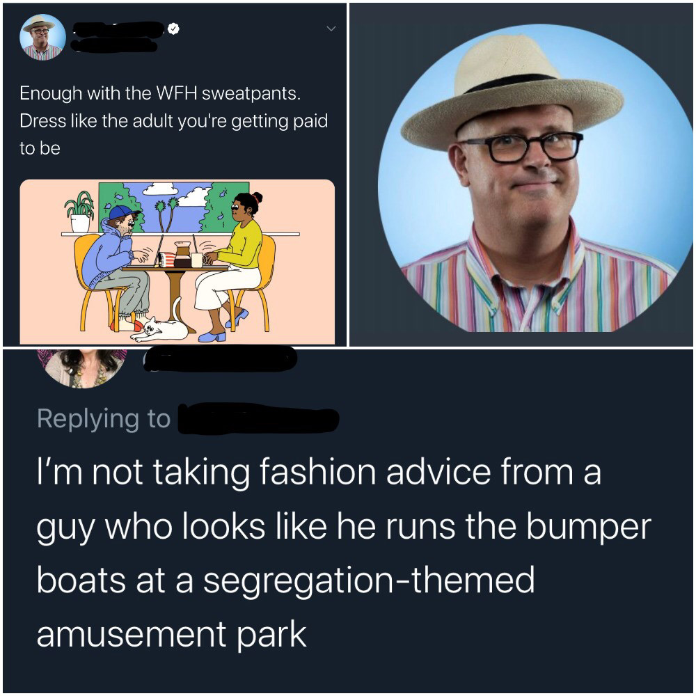 Top-left: Tweet with two people in a casual setting. Right: Person wearing a striped shirt and hat. Bottom: Response tweet declining fashion advice humorously mentioning a "segregation-themed amusement park.