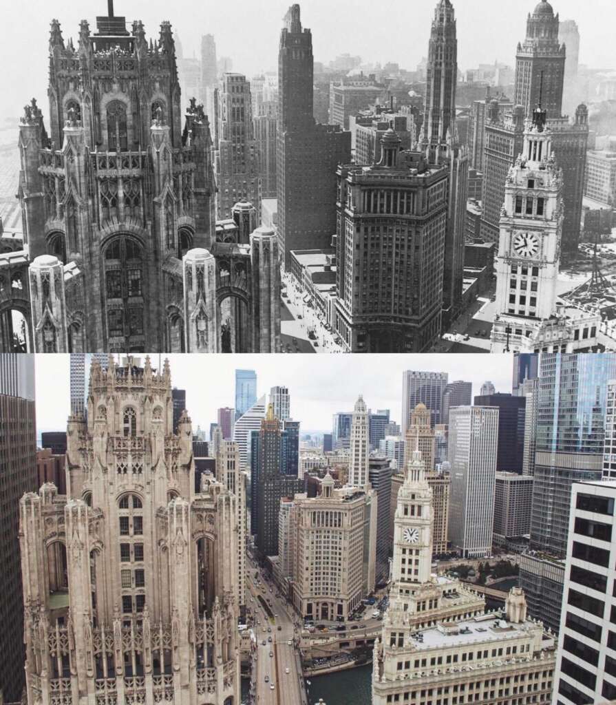 A split image showing an aerial view of a city skyline: the top is a historic black and white scene with old skyscrapers, and the bottom is a modern color view with the same buildings, highlighting architectural changes over time.