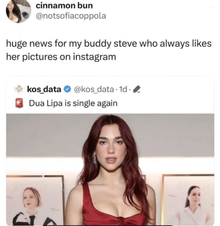 A tweet jokes about "huge news" for someone who frequently likes a singer's pictures. It includes a screenshot of another tweet stating the singer is single again, with a photo of her in a red outfit.