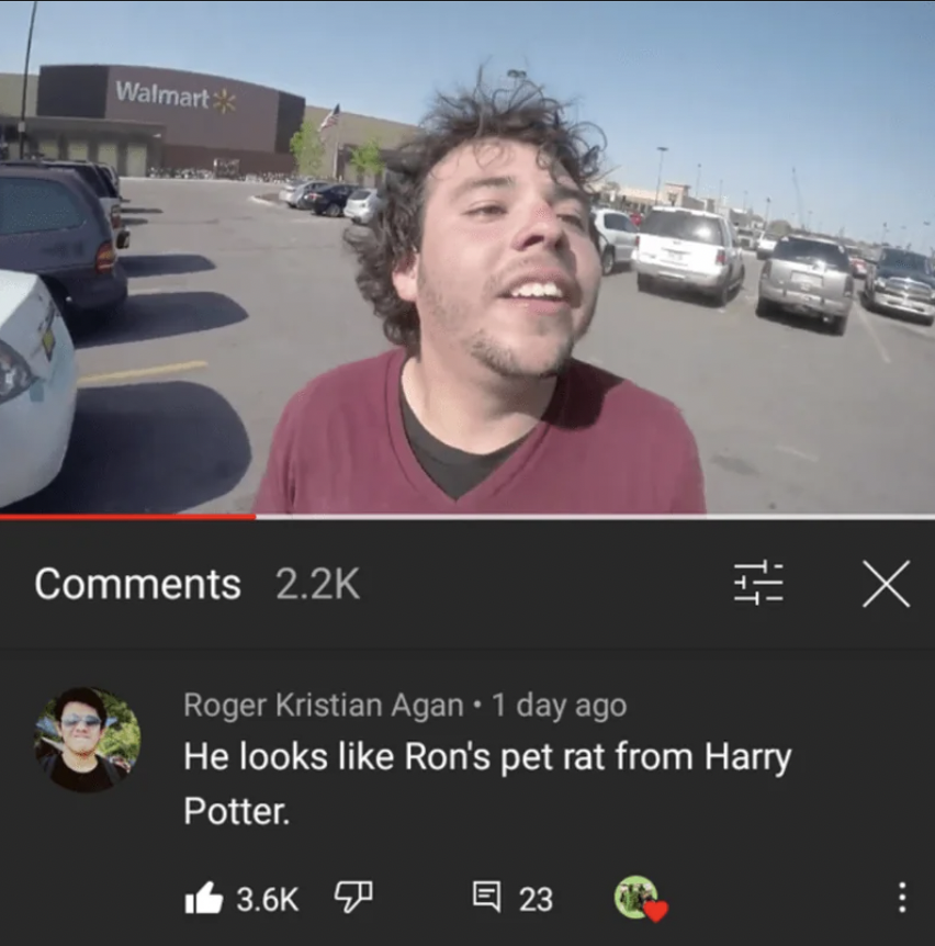 A man with curly hair and a maroon shirt stands in a Walmart parking lot. Below, a YouTube comment says, "He looks like Ron's pet rat from Harry Potter," with 3.6K likes.