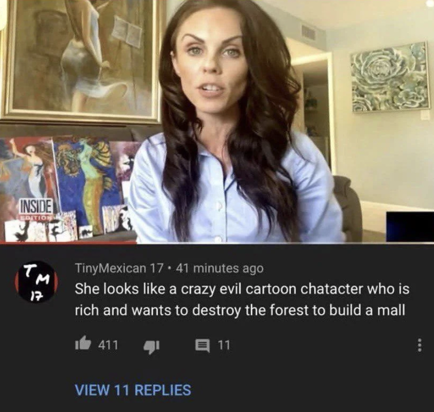 Woman with long dark hair speaking on camera; a background of paintings and a sculpture. A comment below describes her as a "crazy evil cartoon character" aiming to build a mall by destroying a forest.