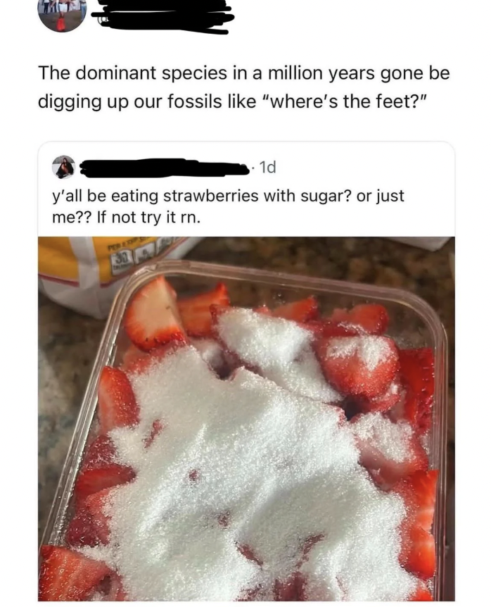 A social media post with text about future species discovering human fossils. Below, a screenshot shows sugared strawberries in a container with a caption asking if people eat strawberries with sugar.