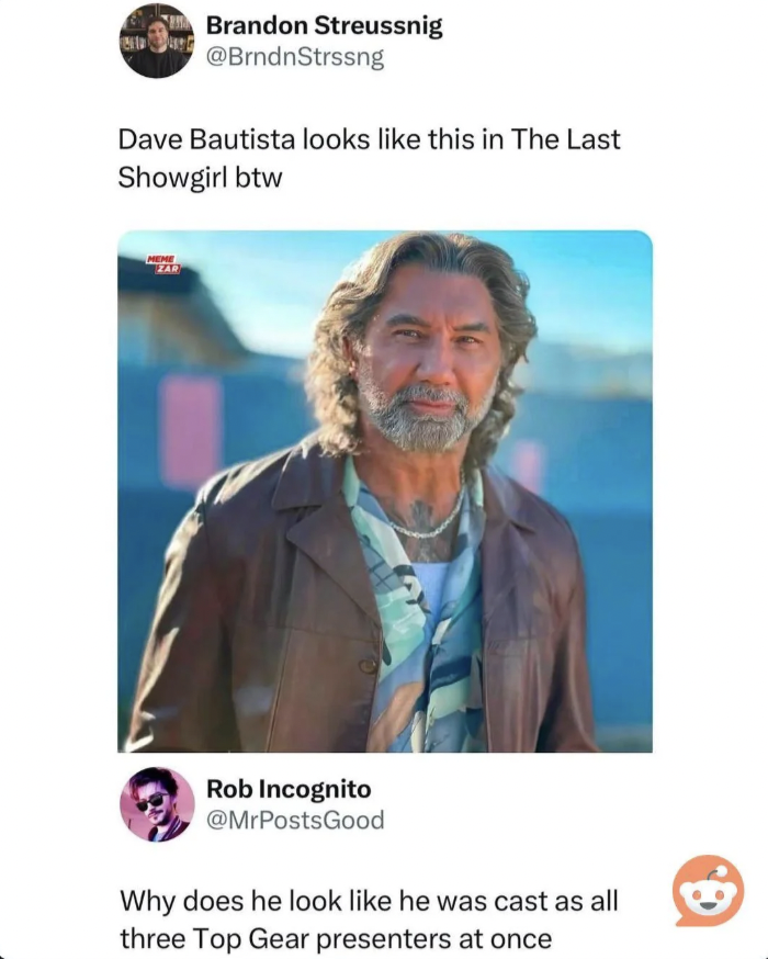 A tweet with a photoshopped image of Dave Bautista as an older man with long hair and a beard, wearing a patterned shirt and jacket. A follow-up tweet jokes about his resemblance to all three Top Gear presenters.