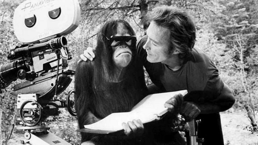 A man and an orangutan are on a film set. The orangutan is wearing sunglasses and holding a book. A film camera is nearby, and the man is leaning toward the orangutan, smiling. The background features trees. The image is in black and white.