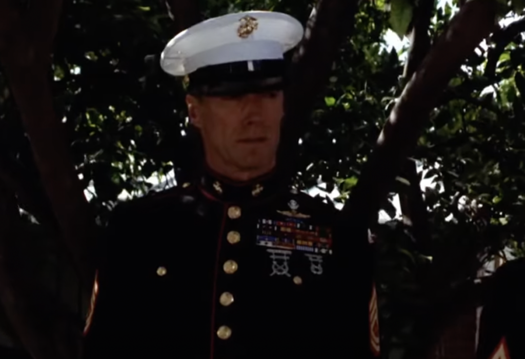 A man in a Marine Corps dress uniform stands outdoors under a tree. The uniform is adorned with medals and insignia. Sunlight filters through the leaves, casting shadows.