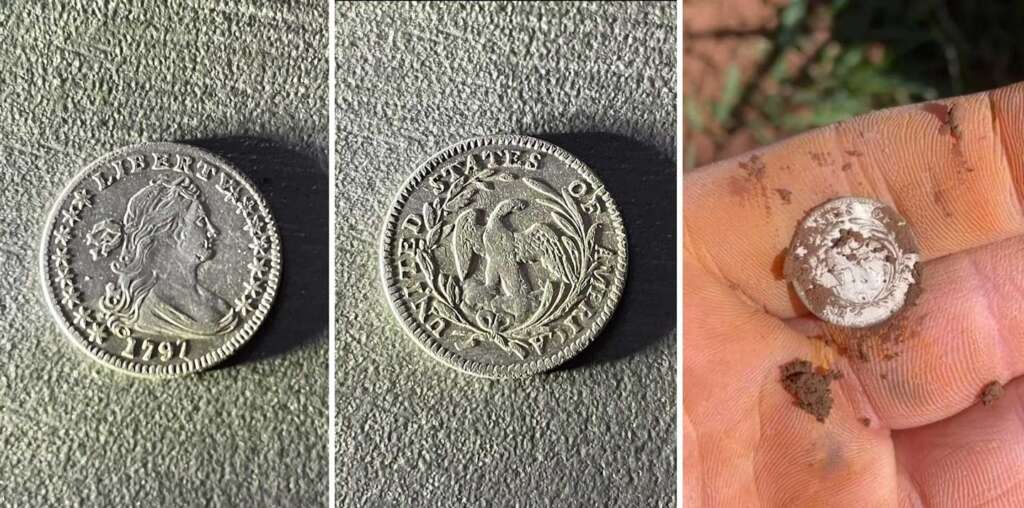 Three images of a 1797 U.S. half dollar coin. The first and second images display the obverse and reverse sides, featuring Lady Liberty and an eagle. The third image shows someone holding the coin with gloved fingers, dirt visible on its surface.