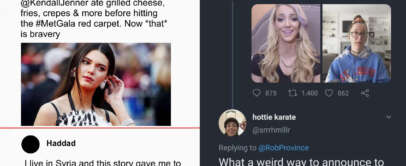 Left: Tweet from Access about someone eating snacks before an event. Right: Tweets discussing a woman and a man on screen, with a humorous caption about having a girl sleep over.