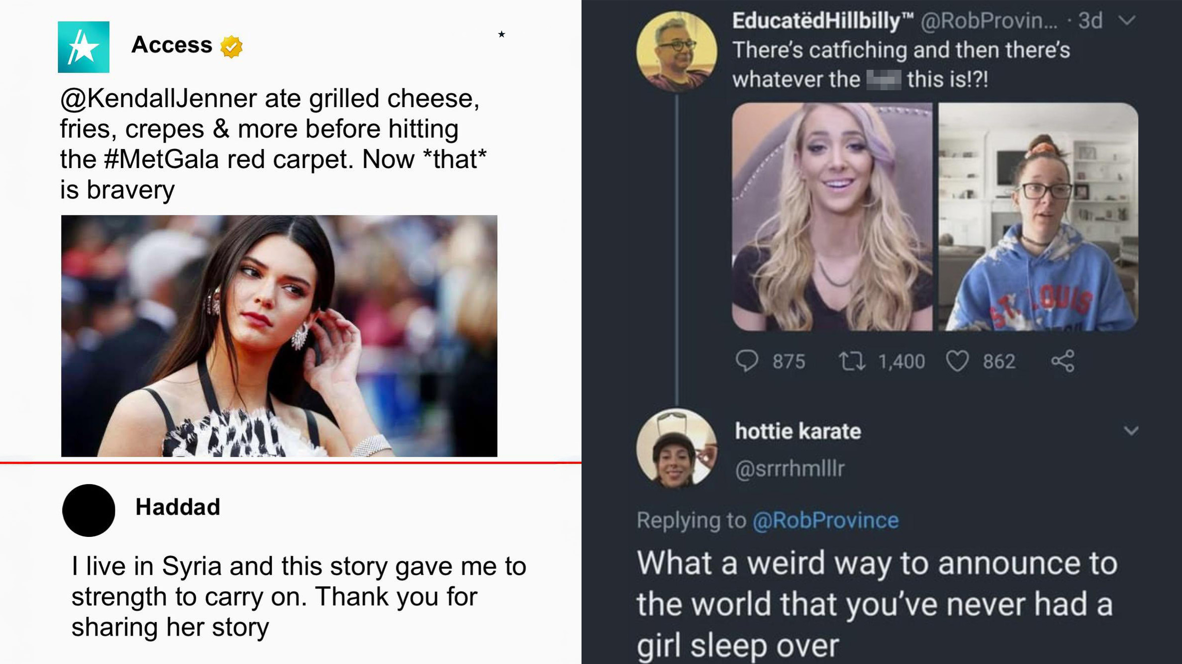 Left: Tweet from Access about someone eating snacks before an event. Right: Tweets discussing a woman and a man on screen, with a humorous caption about having a girl sleep over.