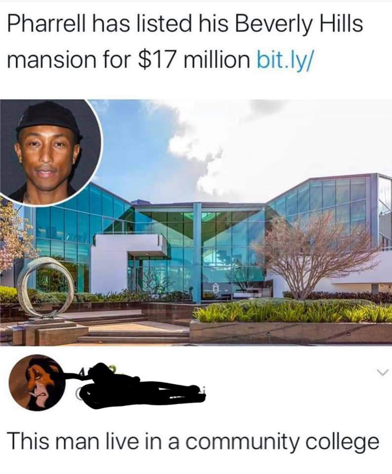 A modern glass mansion with unique architecture in Beverly Hills is shown in the background. The foreground text humorously states, "Pharrell has listed his Beverly Hills mansion for $17 million." Below, a tweet comments, "This man live in a community college.