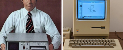 A vintage image showing a man holding a classic portable computer on the left, and an older model Macintosh computer on the right, sitting on a wooden desk. The Macintosh has a simple graphics program displayed on its screen.