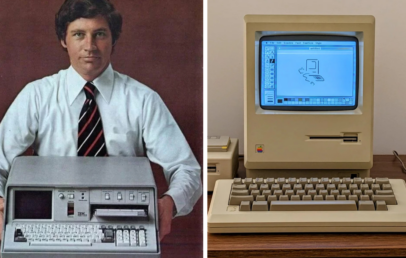 A vintage image showing a man holding a classic portable computer on the left, and an older model Macintosh computer on the right, sitting on a wooden desk. The Macintosh has a simple graphics program displayed on its screen.