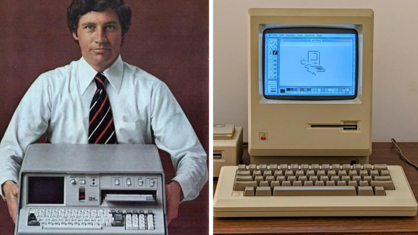 A vintage image showing a man holding a classic portable computer on the left, and an older model Macintosh computer on the right, sitting on a wooden desk. The Macintosh has a simple graphics program displayed on its screen.