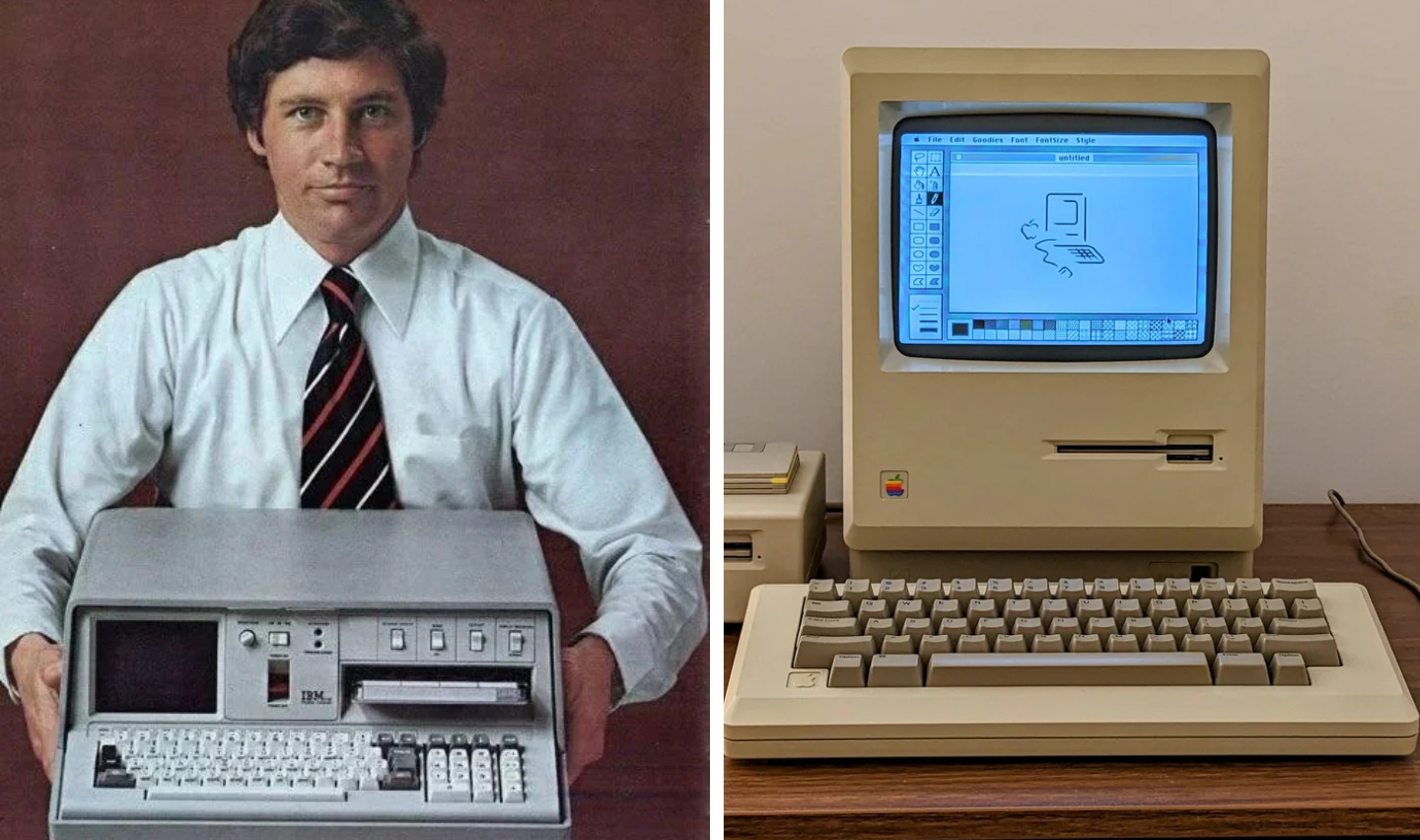 A vintage image showing a man holding a classic portable computer on the left, and an older model Macintosh computer on the right, sitting on a wooden desk. The Macintosh has a simple graphics program displayed on its screen.