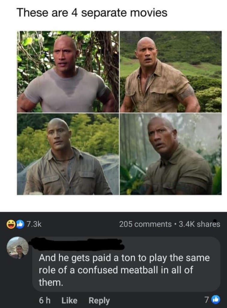 Four images show the same bald man in similar outfits: a tight shirt, brown shirt, and green surroundings. The caption jokes about him playing the same role in different movies. A comment humorously describes him as a "confused meatball.