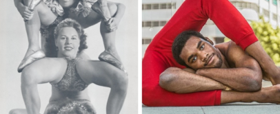 Left: Three performers in vintage acrobatic pose, stacked in a pyramid formation. Right: A man in a bright red outfit performing a flexible pose, with legs bent over his head, smiling at the camera.