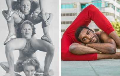 Left: Three performers in vintage acrobatic pose, stacked in a pyramid formation. Right: A man in a bright red outfit performing a flexible pose, with legs bent over his head, smiling at the camera.