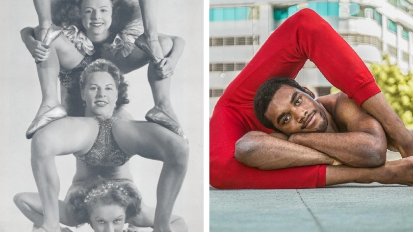 Left: Three performers in vintage acrobatic pose, stacked in a pyramid formation. Right: A man in a bright red outfit performing a flexible pose, with legs bent over his head, smiling at the camera.