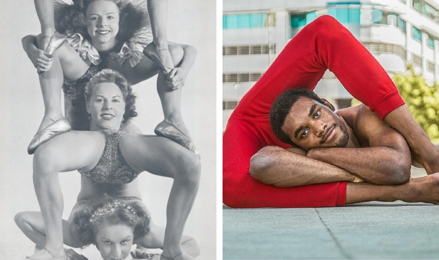 Left: Three performers in vintage acrobatic pose, stacked in a pyramid formation. Right: A man in a bright red outfit performing a flexible pose, with legs bent over his head, smiling at the camera.