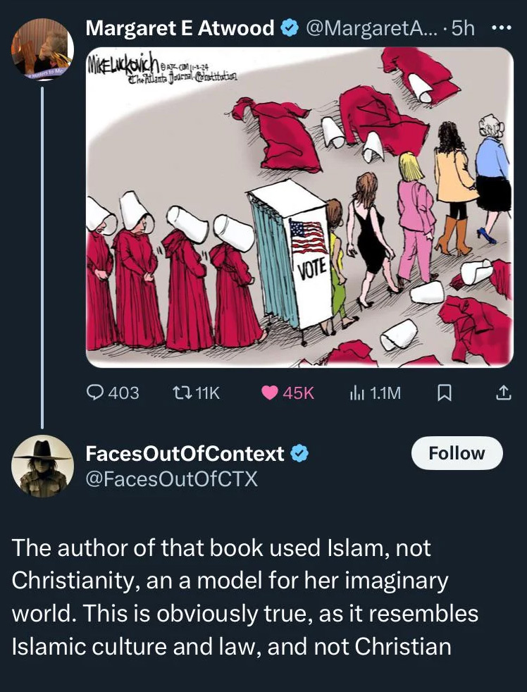 A Twitter post by Margaret E Atwood shows a cartoon of figures in red robes and white hats, resembling "The Handmaid’s Tale," waiting in a line labeled "VOTE." Below, a reply comments on Islamic culture's influence, not Christian, in her work.