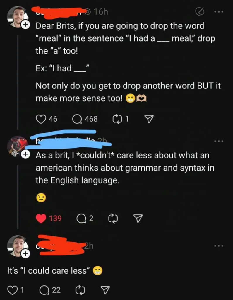 A Twitter exchange with humorous commentary on British and American English grammar differences. First post discusses dropping "a" in "I had a ___ meal." Second post humorously retorts about grammar advice, and third post corrects "care less" usage.