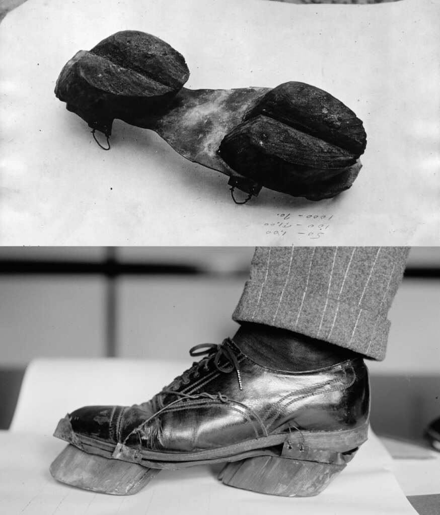 Black-and-white photo showing two views of a novelty shoe with hooves. The top image displays the shoe alone, while the bottom image shows a person wearing it. The shoe mimics animal hooves, attached to a regular dress shoe.