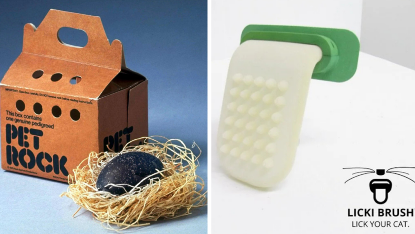 Left side: A Pet Rock in a cardboard box with straw bedding. Right side: A Licki Brush, a tongue-shaped cat grooming tool with a handle, alongside its logo and tagline "LICKI BRUSH, LICK YOUR CAT.