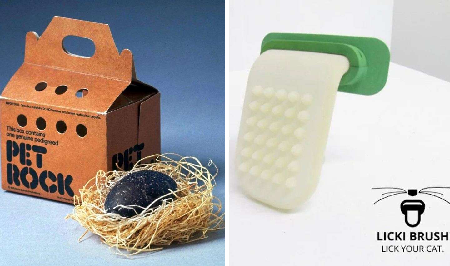 Left side: A Pet Rock in a cardboard box with straw bedding. Right side: A Licki Brush, a tongue-shaped cat grooming tool with a handle, alongside its logo and tagline "LICKI BRUSH, LICK YOUR CAT.