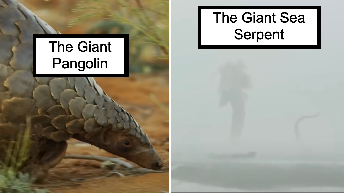 Split image: Left shows a pangolin labeled "The Giant Pangolin" walking on soil. Right shows a foggy scene with a faint large creature and a tail, labeled "The Giant Sea Serpent.