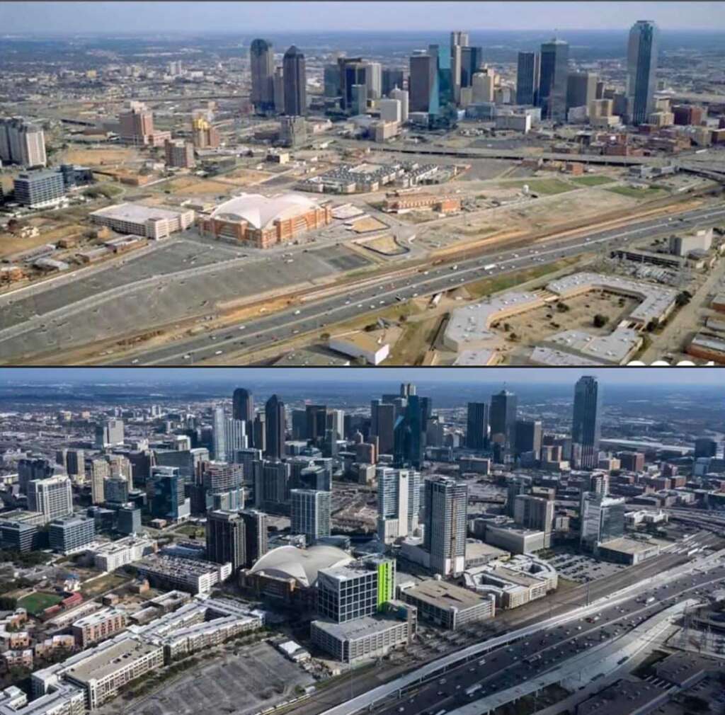 Top image: An aerial view of a city with scattered buildings and a large sports arena. Bottom image: The same city, now with numerous modern skyscrapers, denser development, and the sports arena still visible. A highway runs through both images.