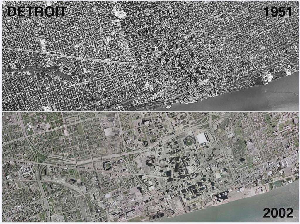 Two aerial images of Detroit are shown. The top is from 1951, depicting a densely built cityscape. The bottom is from 2002, highlighting sparser areas with more green space and visible streets. Both images include the waterfront.