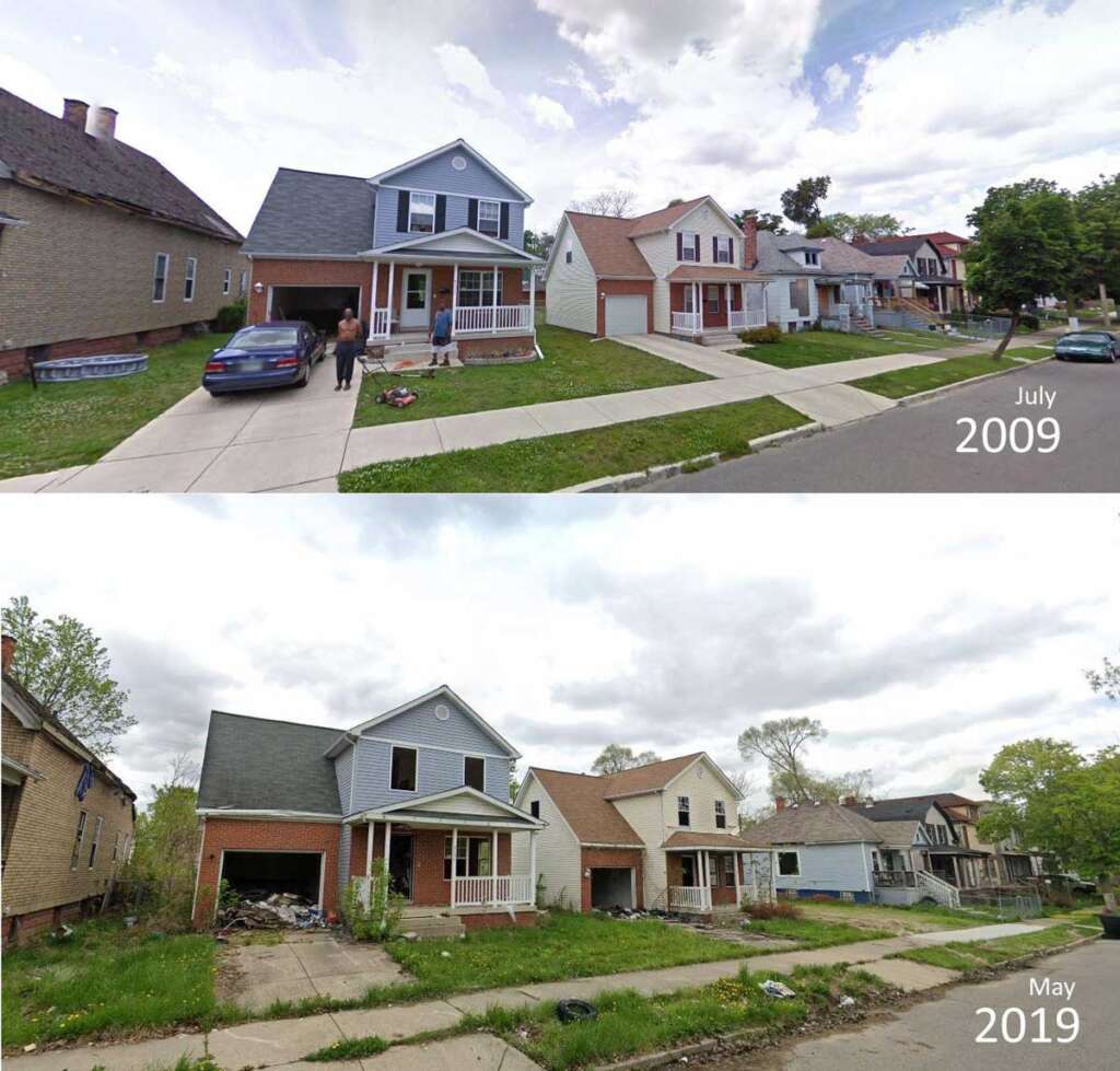 Two side-by-side images show the same street. In July 2009, well-maintained houses with cars and people are visible. By May 2019, the homes appear abandoned and deteriorated, with overgrown yards and missing windows.