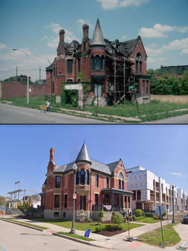 A split image showing the same historic brick house in two states: the top half depicts it as abandoned and deteriorating, while the bottom half shows it restored, with new development nearby.